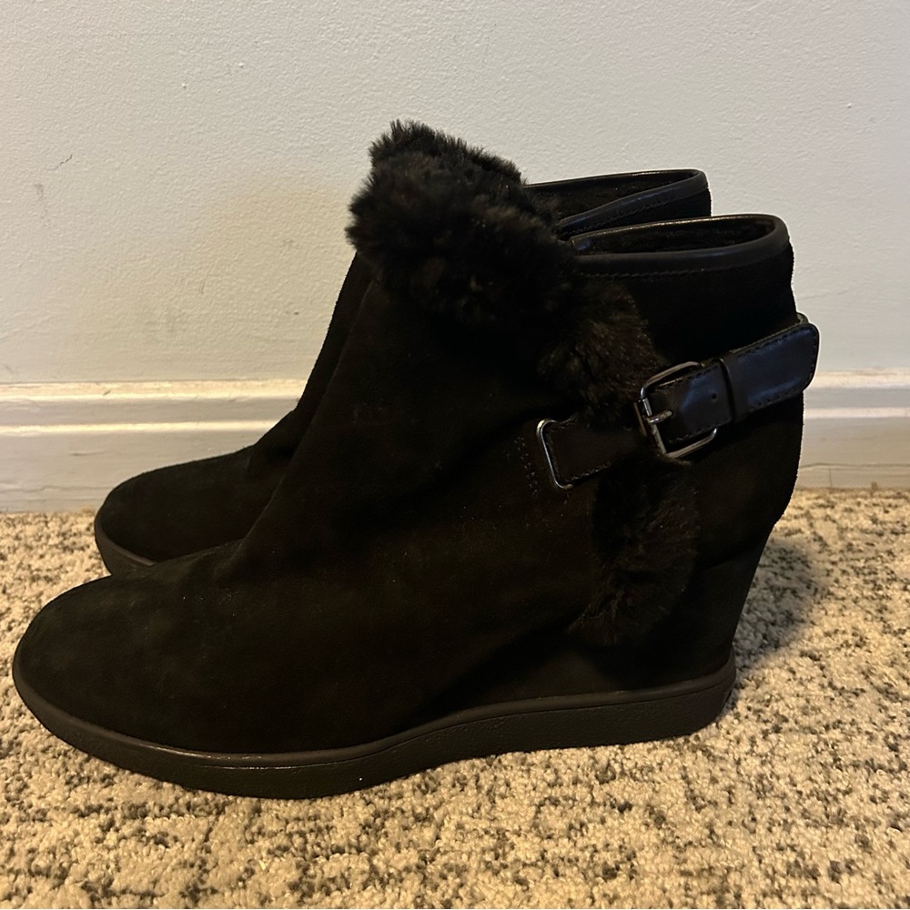 Aquatalia Black Faux Suede Fur Line Christa Wedge Booties Size 12